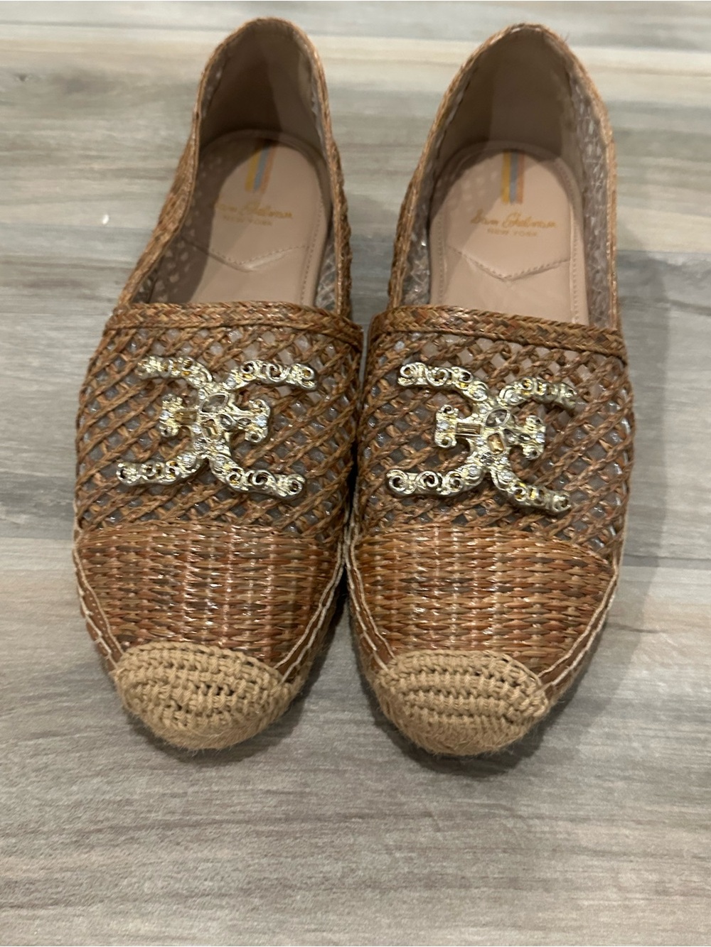 Sam Edelman Brown Woven Espadrille Flats with Gold Logo Accent